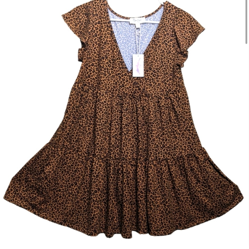 Jessica Simpson Brown Babydoll Dress Leopard Print Flowy Short Sleeves Western